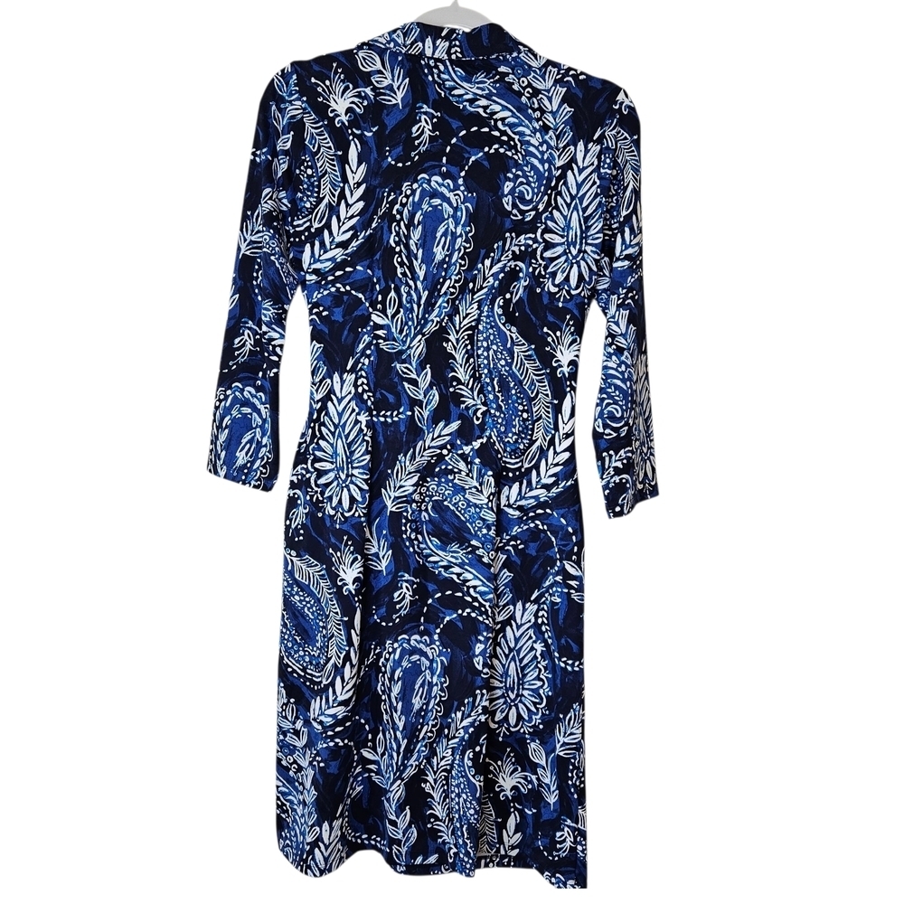 Talbots Effortless Jersey Kelly Dress Mock Wrap V-neck Sz S Blue White Paisley - Picture 4 of 10